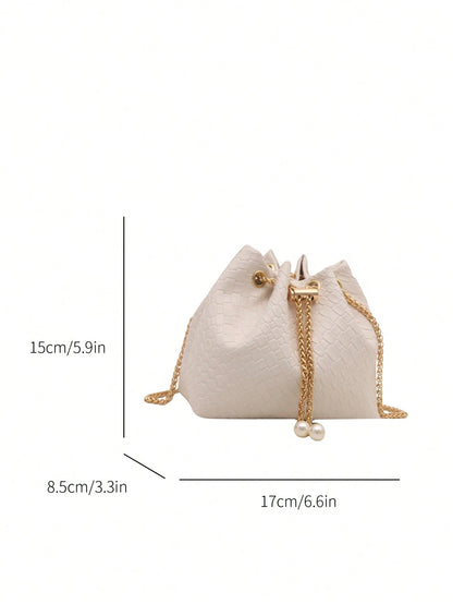 Fashion Solid Color Hollow Out Woven Chain Drawstring Mini Crossbody Bucket Bag