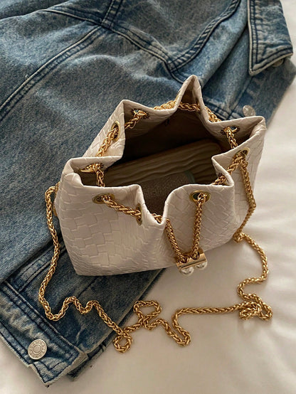 Fashion Solid Color Hollow Out Woven Chain Drawstring Mini Crossbody Bucket Bag