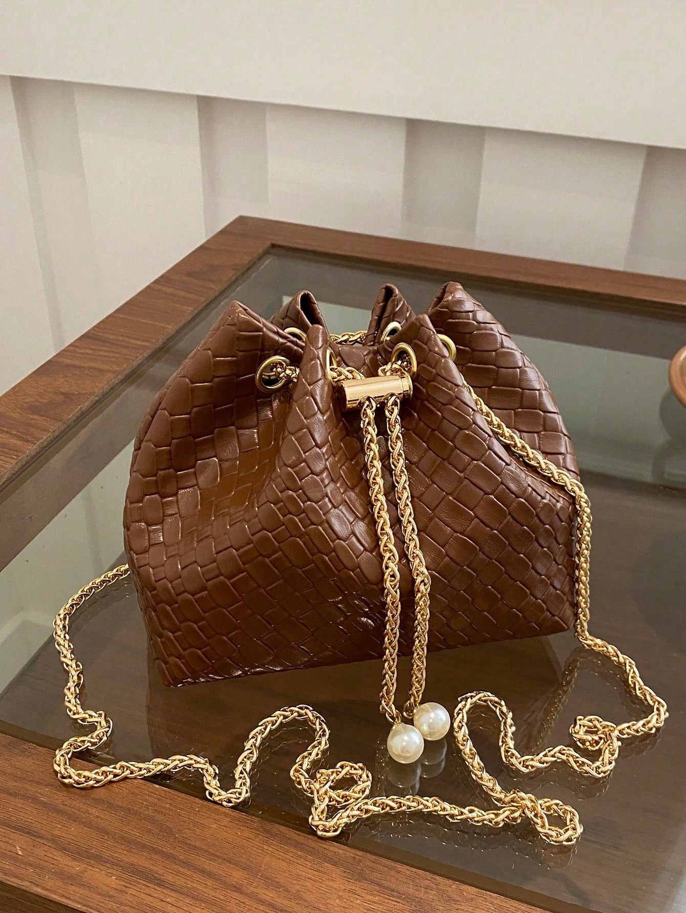 Fashion Solid Color Hollow Out Woven Chain Drawstring Mini Crossbody Bucket Bag