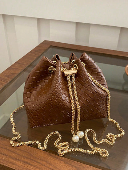 Fashion Solid Color Hollow Out Woven Chain Drawstring Mini Crossbody Bucket Bag