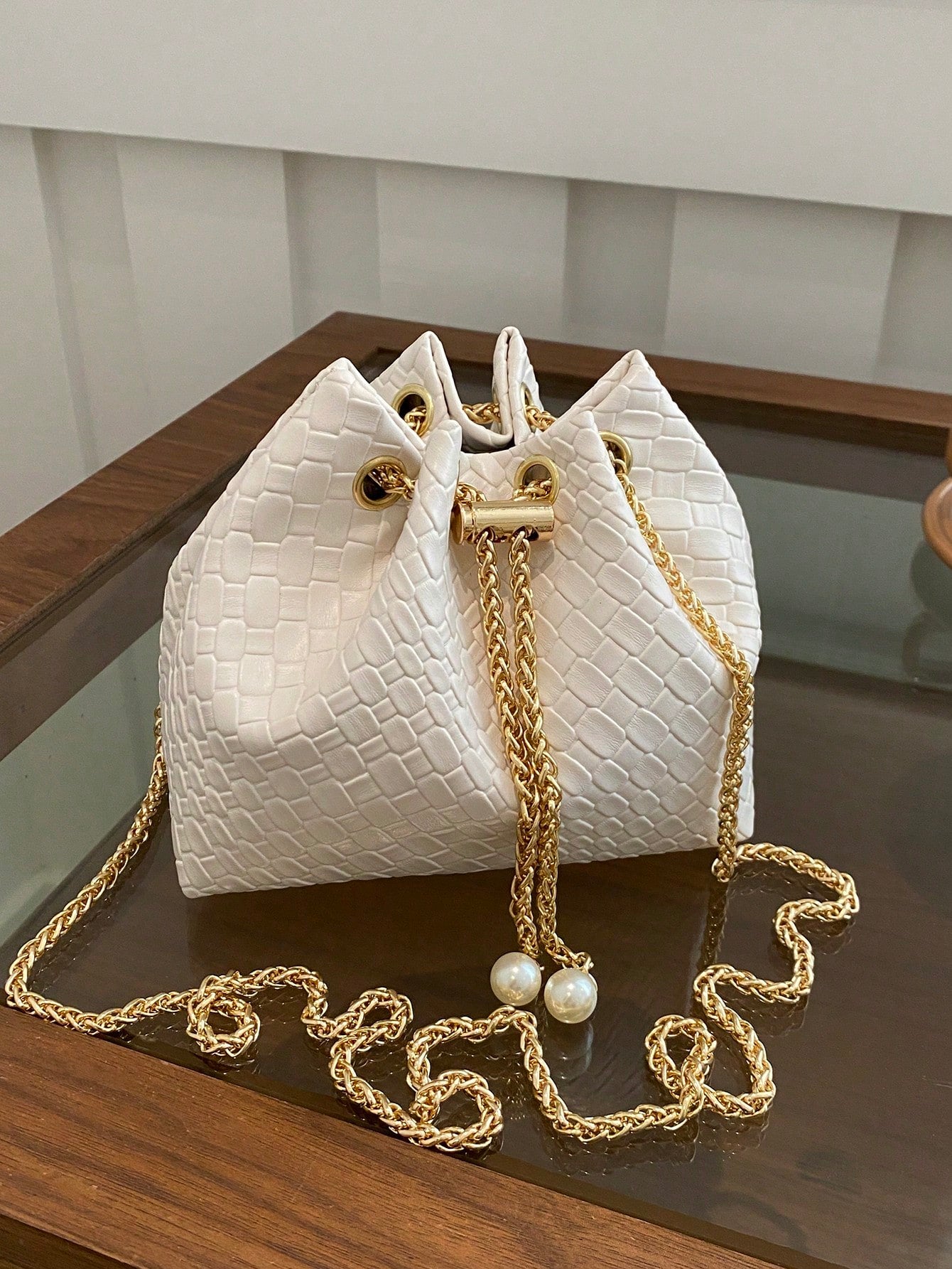Fashion Solid Color Hollow Out Woven Chain Drawstring Mini Crossbody Bucket Bag