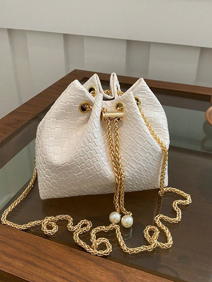 Fashion Solid Color Hollow Out Woven Chain Drawstring Mini Crossbody Bucket Bag