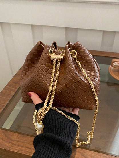 Fashion Solid Color Hollow Out Woven Chain Drawstring Mini Crossbody Bucket Bag