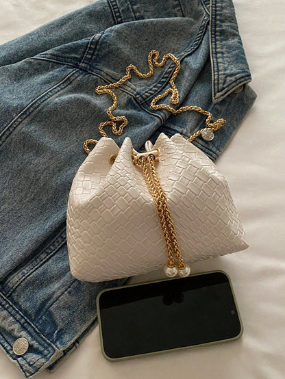 Fashion Solid Color Hollow Out Woven Chain Drawstring Mini Crossbody Bucket Bag
