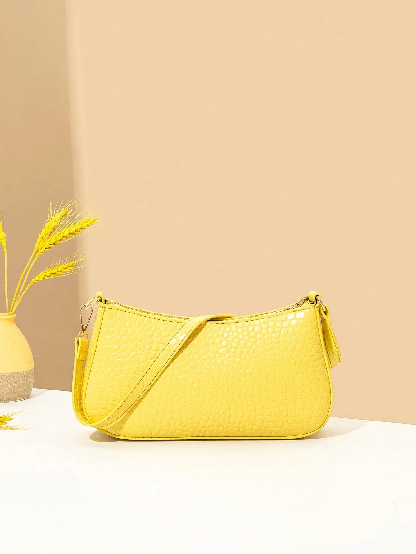 Women's Fashion Solid Color Crocodile Pattern Baguette Shoulder Bag