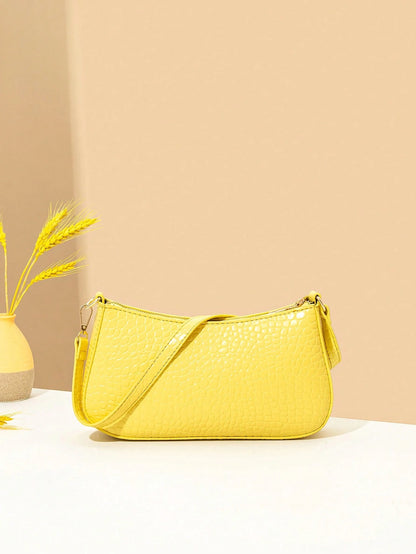 Women's Fashion Solid Color Crocodile Pattern Baguette Shoulder Bag