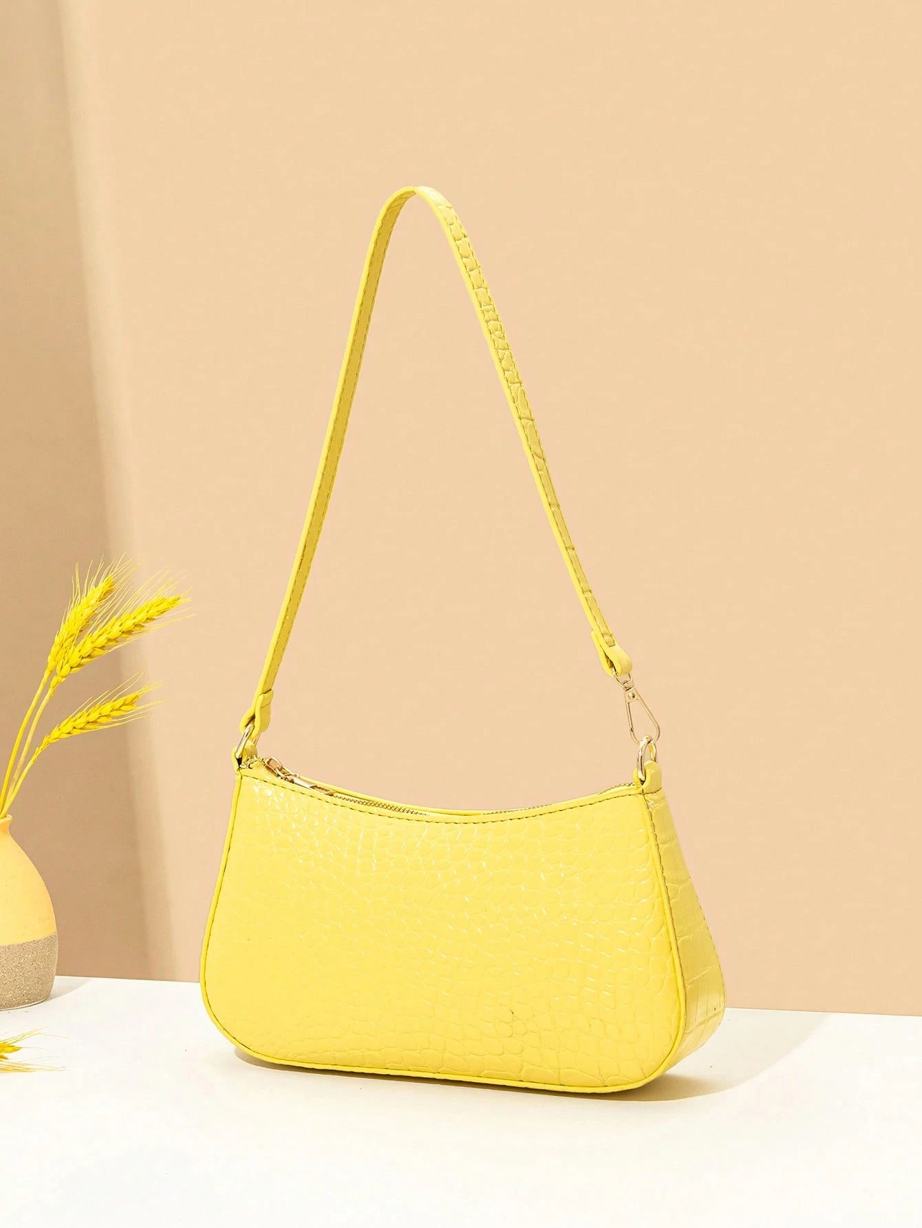 Women's Fashion Solid Color Crocodile Pattern Baguette Shoulder Bag