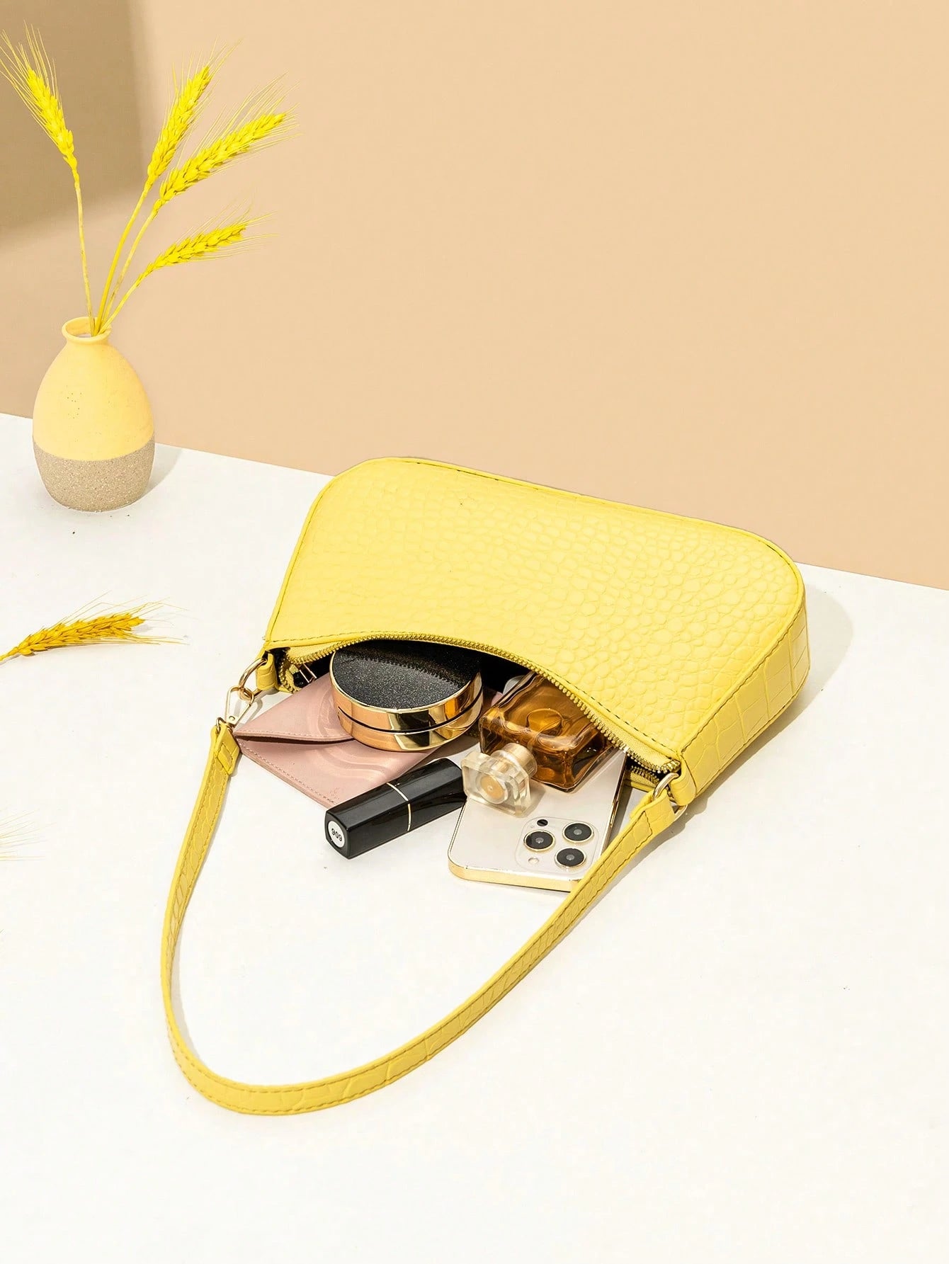 Women's Fashion Solid Color Crocodile Pattern Baguette Shoulder Bag