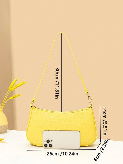 Women's Fashion Solid Color Crocodile Pattern Baguette Shoulder Bag