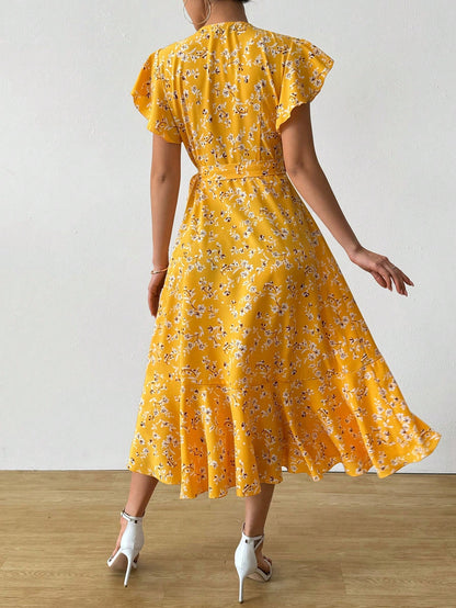 EMERY ROSE Floral Print Butterfly Sleeve Knot Side Dress Burgundy Maxi Women Outfit