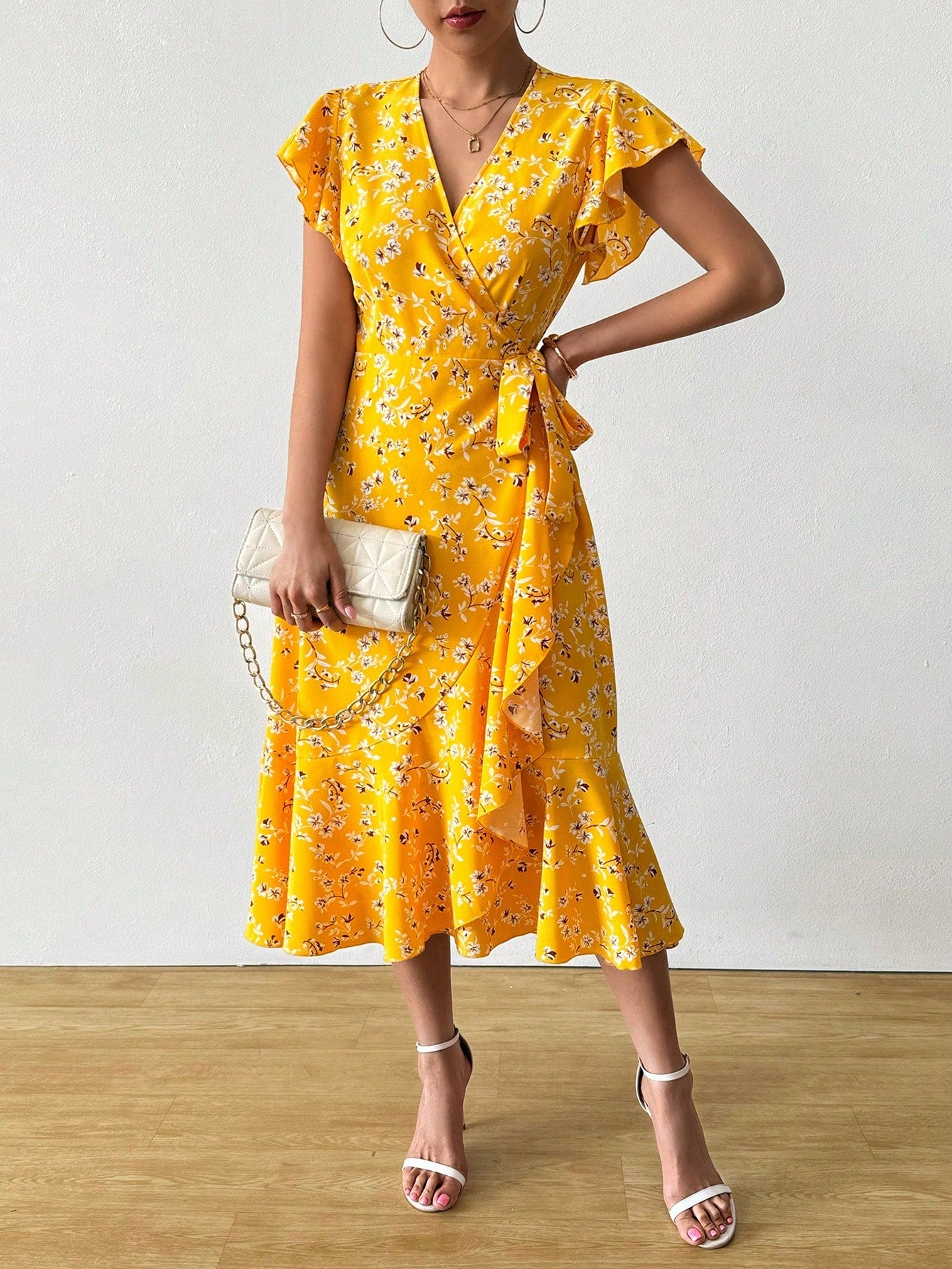 EMERY ROSE Floral Print Butterfly Sleeve Knot Side Dress Burgundy Maxi Women Outfit