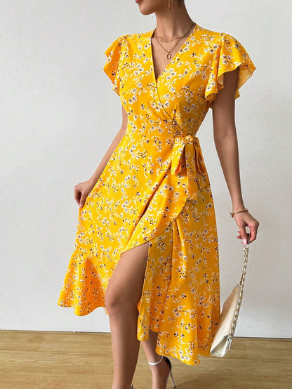 EMERY ROSE Floral Print Butterfly Sleeve Knot Side Dress Burgundy Maxi Women Outfit