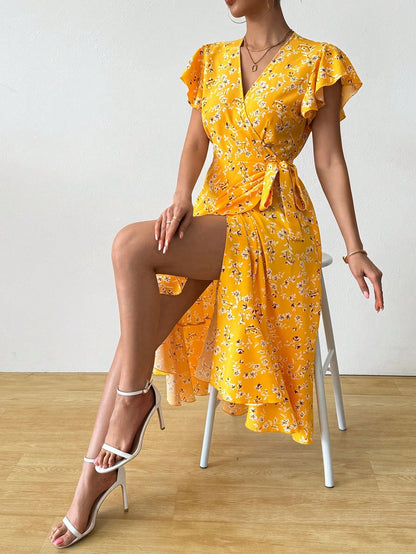 EMERY ROSE Floral Print Butterfly Sleeve Knot Side Dress Burgundy Maxi Women Outfit