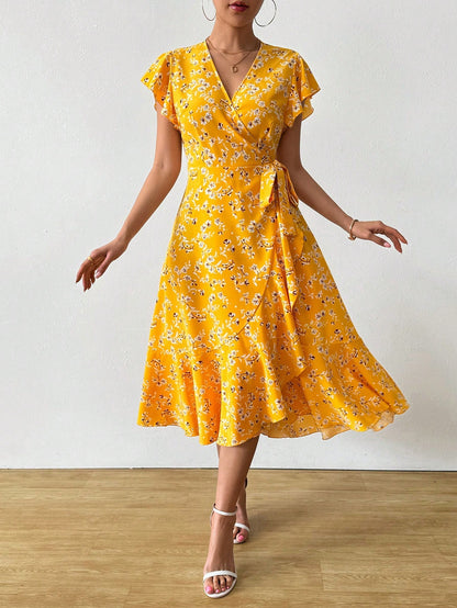 EMERY ROSE Floral Print Butterfly Sleeve Knot Side Dress Burgundy Maxi Women Outfit