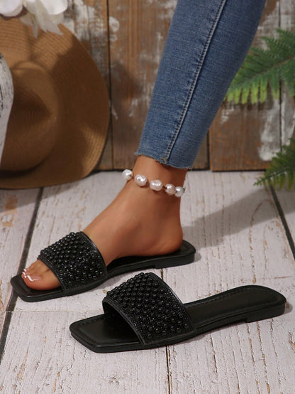 New Plus Size Luxury Anti-Slip Square Toe Mule Rhinestone & Pearl Embellished Fashion Versatile Women Beach Vacation Sandals