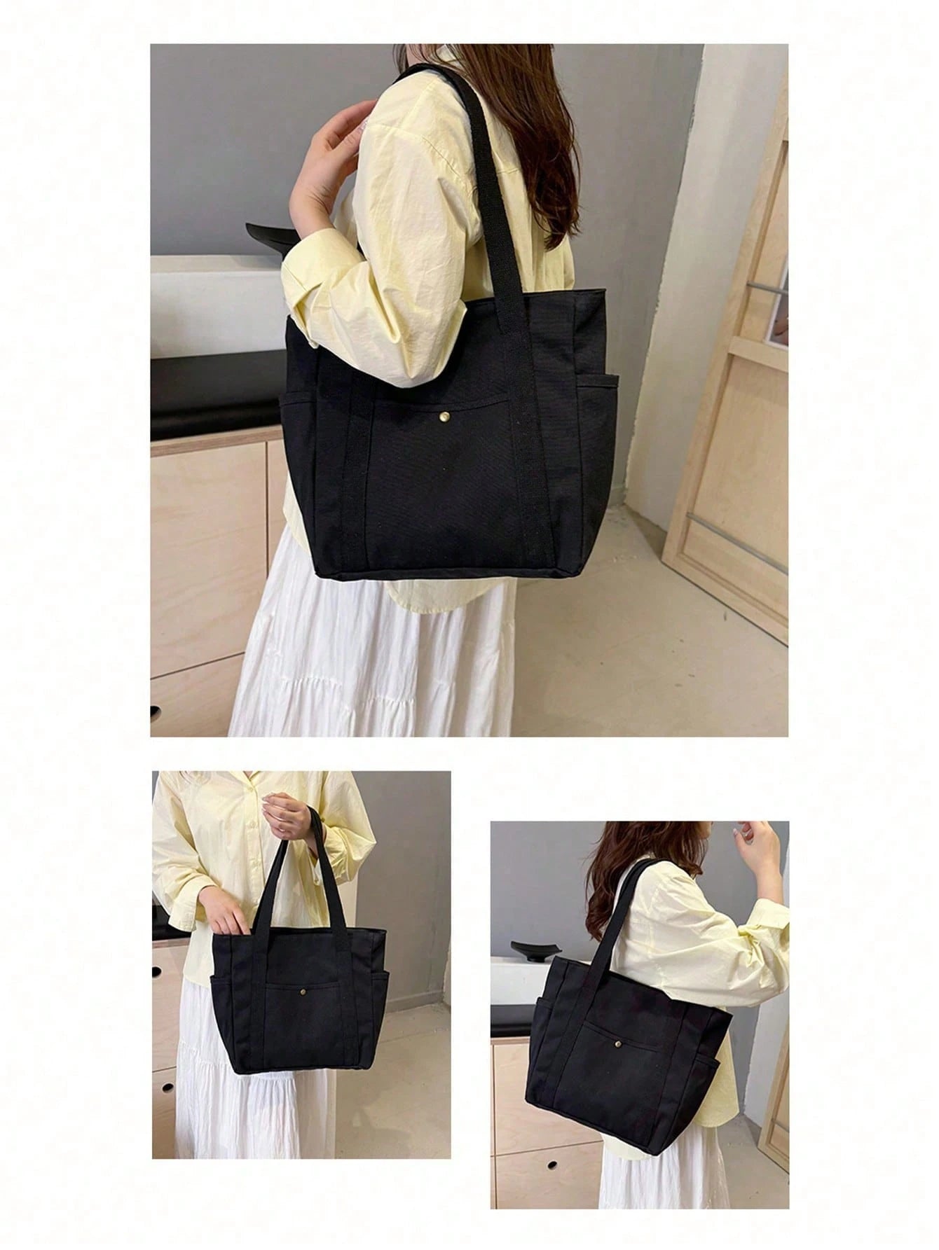 SHEIN X Milania Multi Pocket Tote Bag For Women Canvas Bag With Handle Bag Large Capacity Purse Reusable Handbag, Canvas Tote Bag, Perfect For Daily Use And Travel, Tote Bags For Students, Multiple Compartments, Perfect For Beach