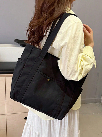 SHEIN X Milania Multi Pocket Tote Bag For Women Canvas Bag With Handle Bag Large Capacity Purse Reusable Handbag, Canvas Tote Bag, Perfect For Daily Use And Travel, Tote Bags For Students, Multiple Compartments, Perfect For Beach