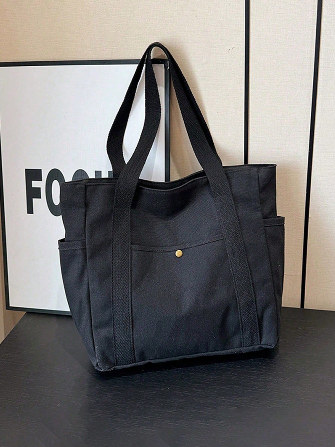 SHEIN X Milania Multi Pocket Tote Bag For Women Canvas Bag With Handle Bag Large Capacity Purse Reusable Handbag, Canvas Tote Bag, Perfect For Daily Use And Travel, Tote Bags For Students, Multiple Compartments, Perfect For Beach