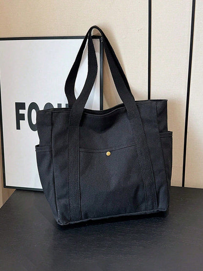 SHEIN X Milania Multi Pocket Tote Bag For Women Canvas Bag With Handle Bag Large Capacity Purse Reusable Handbag, Canvas Tote Bag, Perfect For Daily Use And Travel, Tote Bags For Students, Multiple Compartments, Perfect For Beach