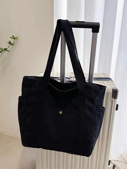 SHEIN X Milania Multi Pocket Tote Bag For Women Canvas Bag With Handle Bag Large Capacity Purse Reusable Handbag, Canvas Tote Bag, Perfect For Daily Use And Travel, Tote Bags For Students, Multiple Compartments, Perfect For Beach