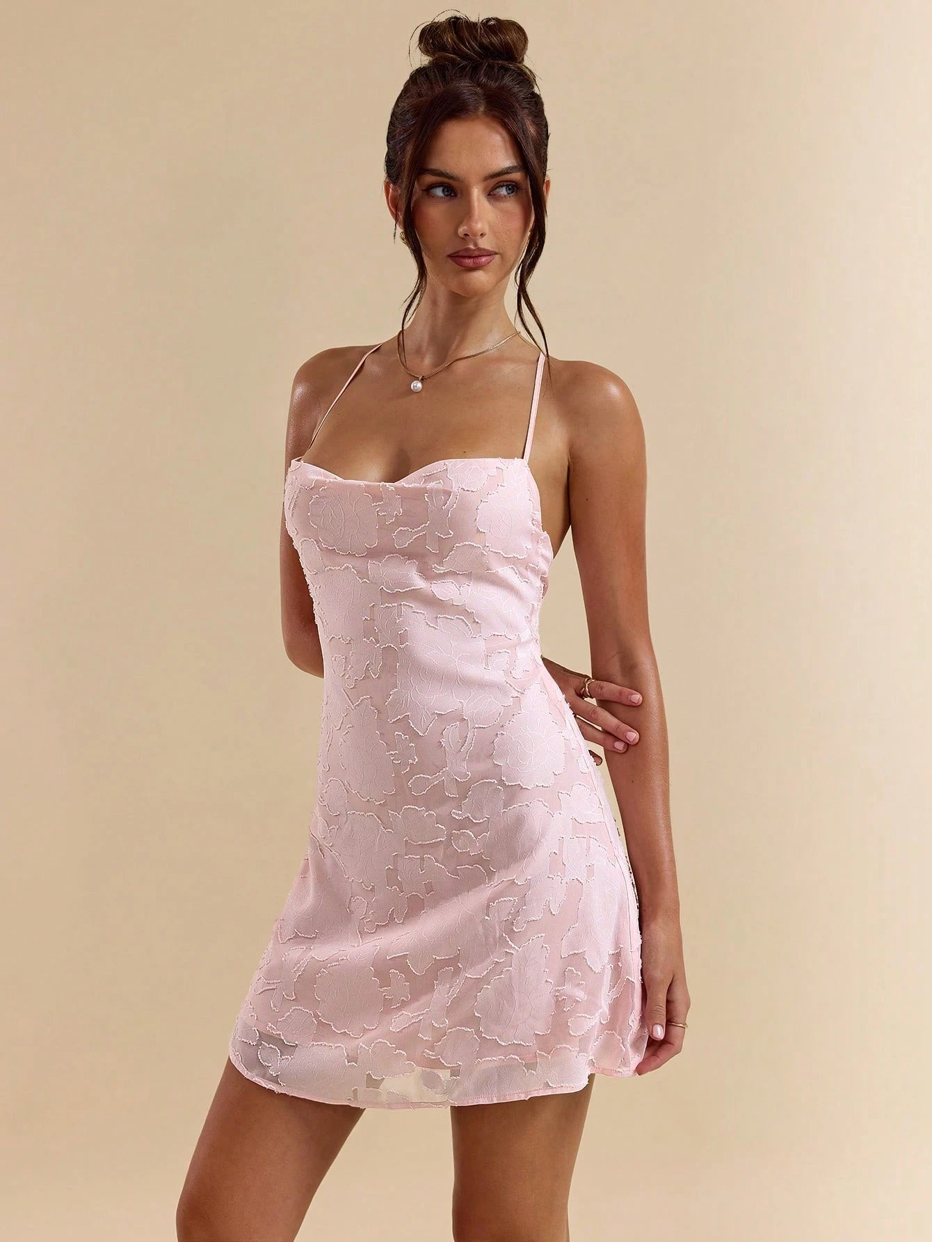 SHEIN BAE Spring/Summer Solid Pink Bodycon Low Back Tie Strap Textured A-Line Super Short Mini Dress For Women,Bohemian Clothes,Bodycon Dress