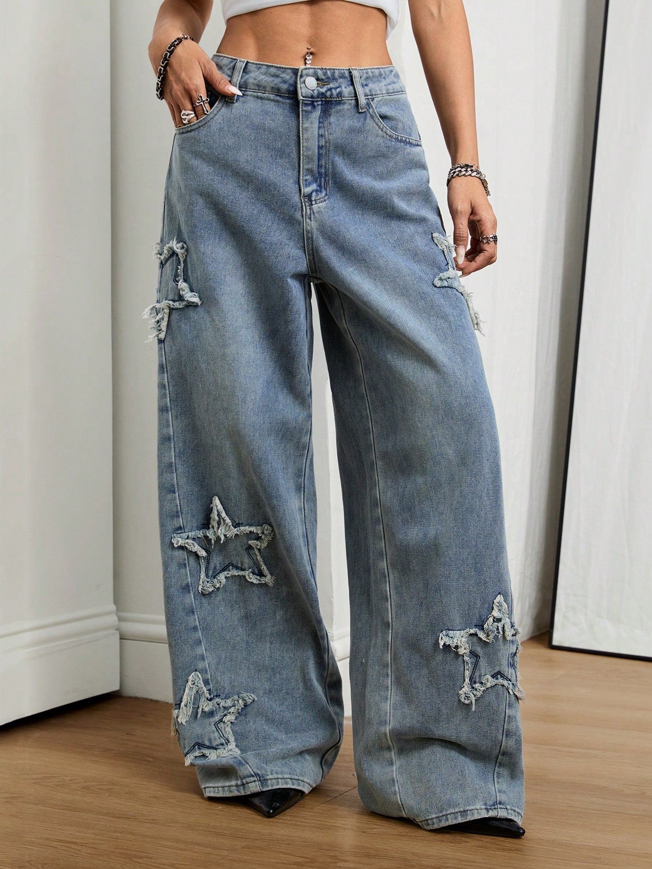 Coolane Women's Rapper Athleisure Grunge Star Pattern Washed Jeans