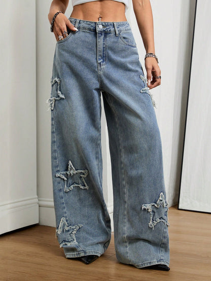 Coolane Women's Rapper Athleisure Grunge Star Pattern Washed Jeans