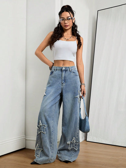 Coolane Women's Rapper Athleisure Grunge Star Pattern Washed Jeans