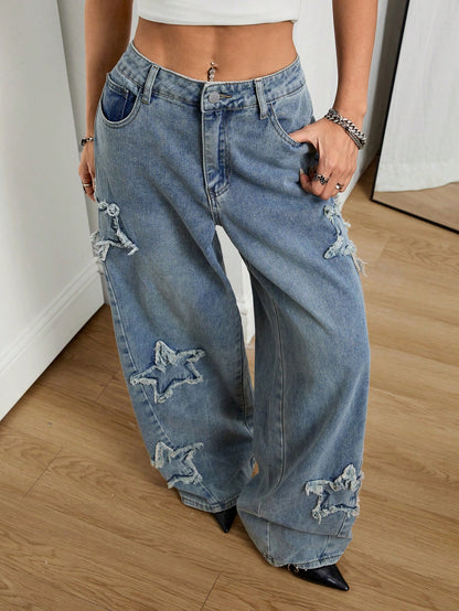 Coolane Women's Rapper Athleisure Grunge Star Pattern Washed Jeans