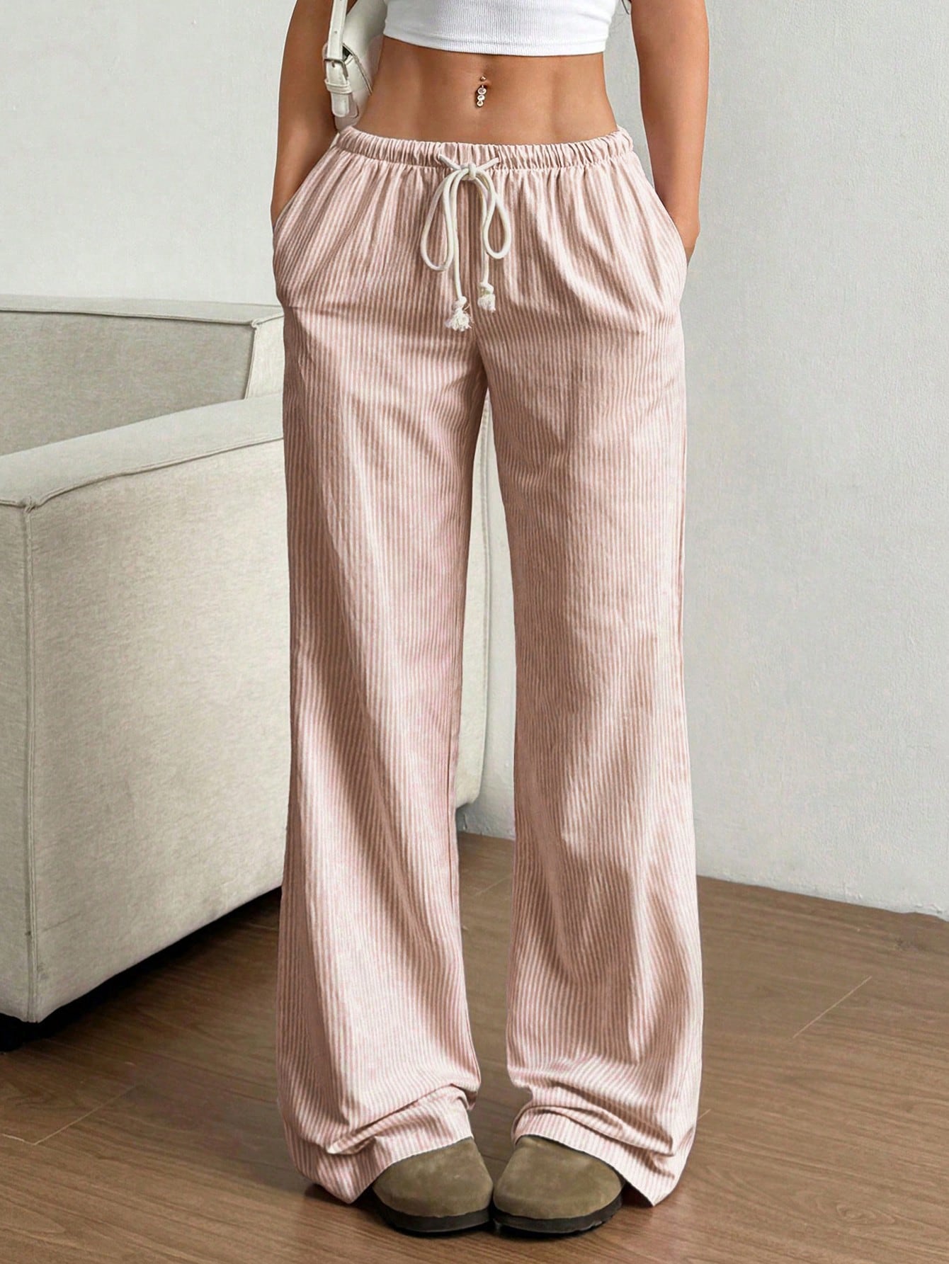 Flirla Pink Cotton Drawstring Waist Straight Leg Pants, Fashion Casual Home Wear For Women, Spring Fall Cloth For Women