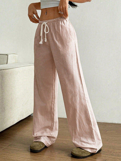Flirla Pink Cotton Drawstring Waist Straight Leg Pants, Fashion Casual Home Wear For Women, Spring Fall Cloth For Women