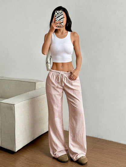 Flirla Pink Cotton Drawstring Waist Straight Leg Pants, Fashion Casual Home Wear For Women, Spring Fall Cloth For Women