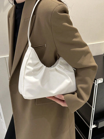 Stylish Shoulder Bag, New Solid Color Pleated Fresh Handbag With Quality Underarm Design, Suitable For Spring & Autumn