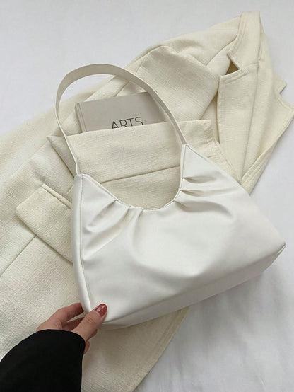 Stylish Shoulder Bag, New Solid Color Pleated Fresh Handbag With Quality Underarm Design, Suitable For Spring & Autumn