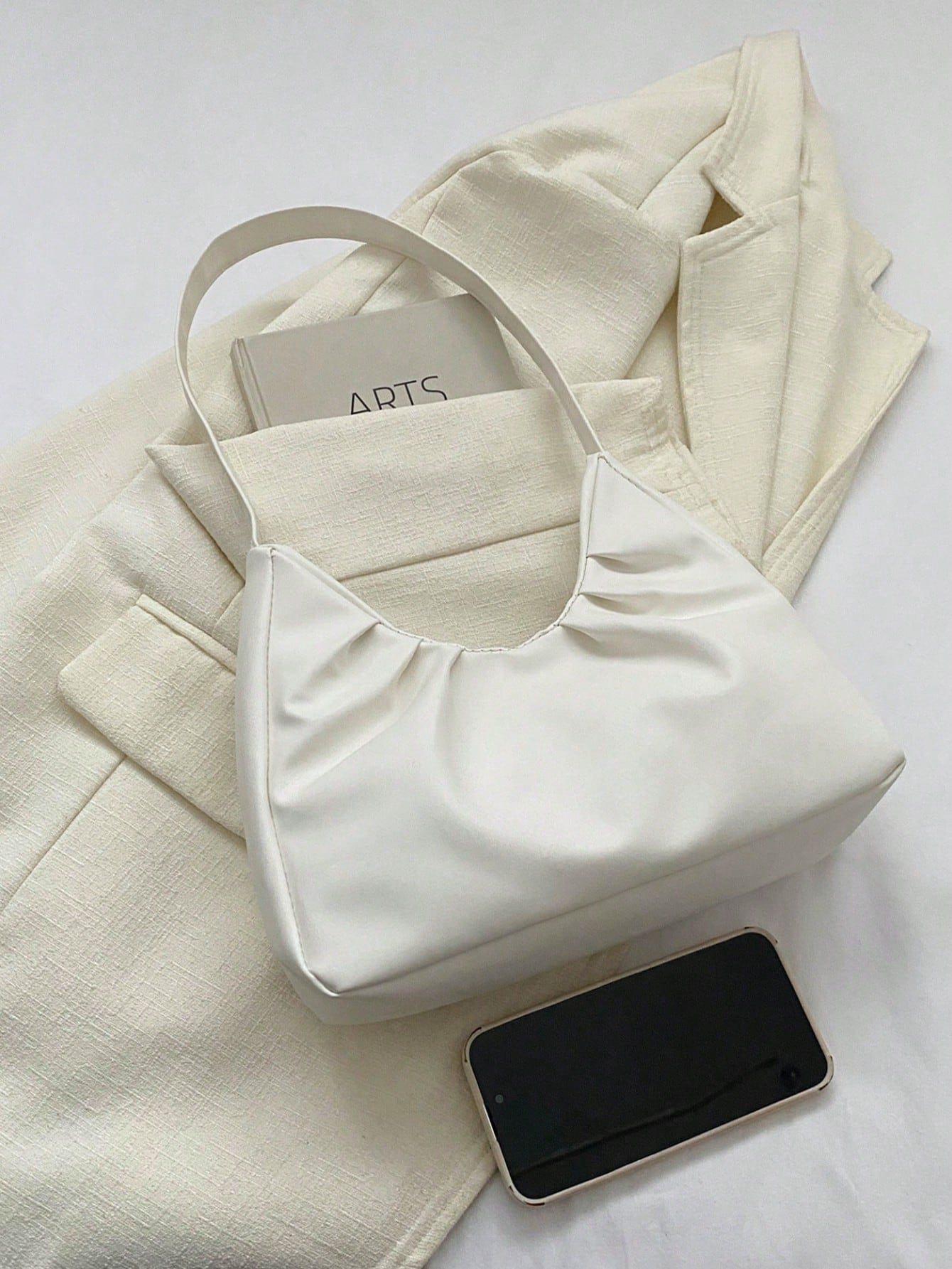 Stylish Shoulder Bag, New Solid Color Pleated Fresh Handbag With Quality Underarm Design, Suitable For Spring & Autumn