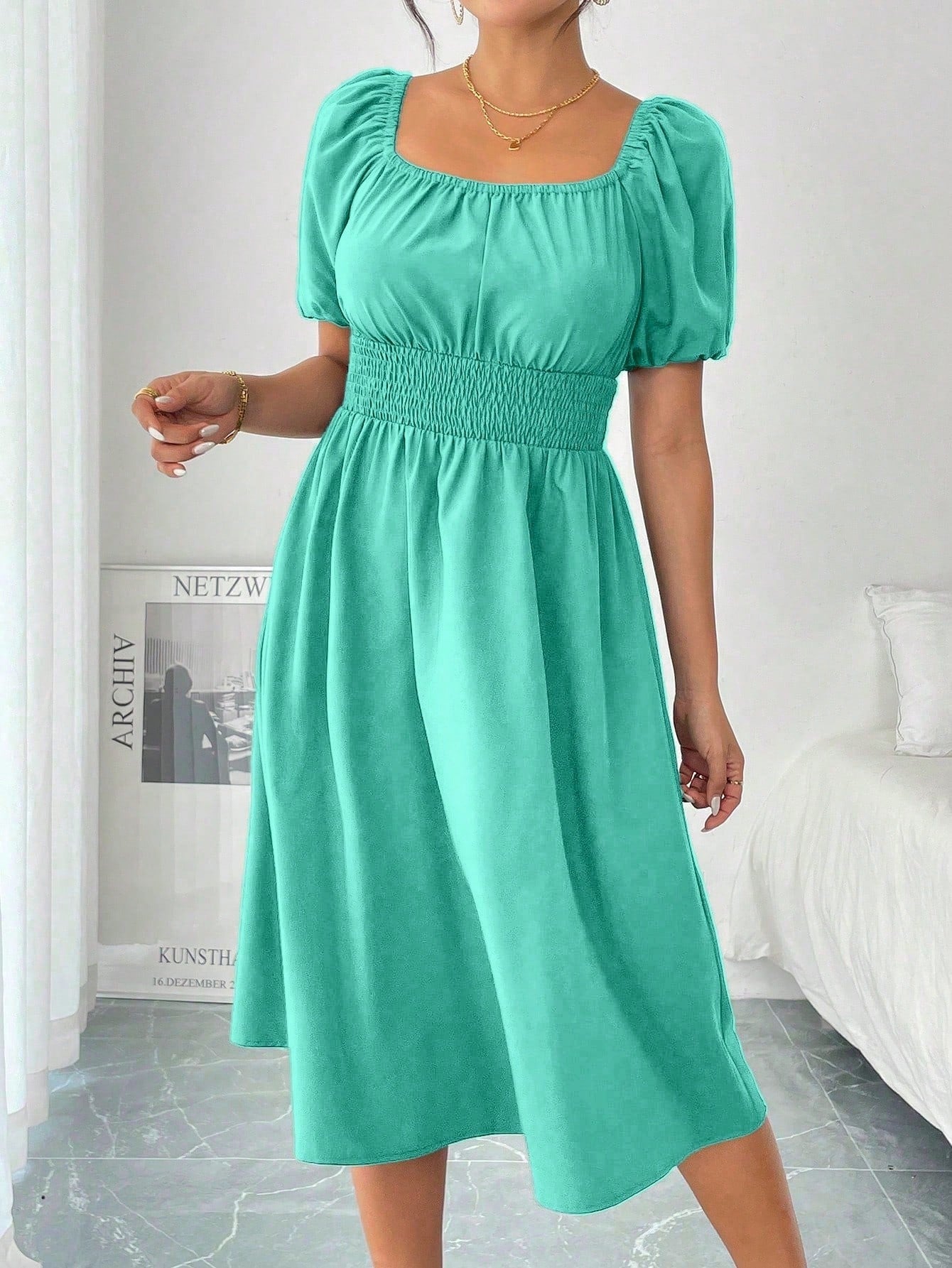 Chiquease 1pc Women Square Collar Puff Sleeve Cinched Waist Palazzo Green Dress, Spring/Summer