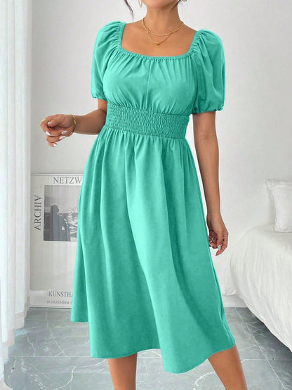 Chiquease 1pc Women Square Collar Puff Sleeve Cinched Waist Palazzo Green Dress, Spring/Summer