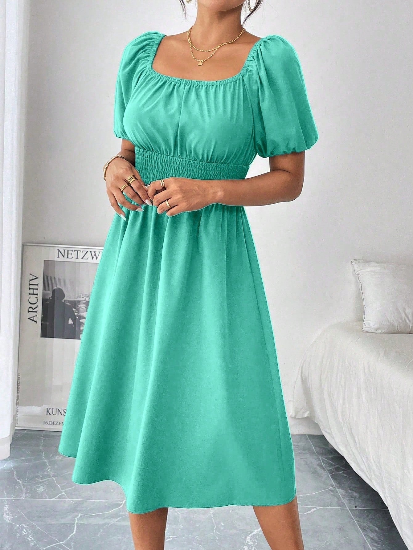 Chiquease 1pc Women Square Collar Puff Sleeve Cinched Waist Palazzo Green Dress, Spring/Summer