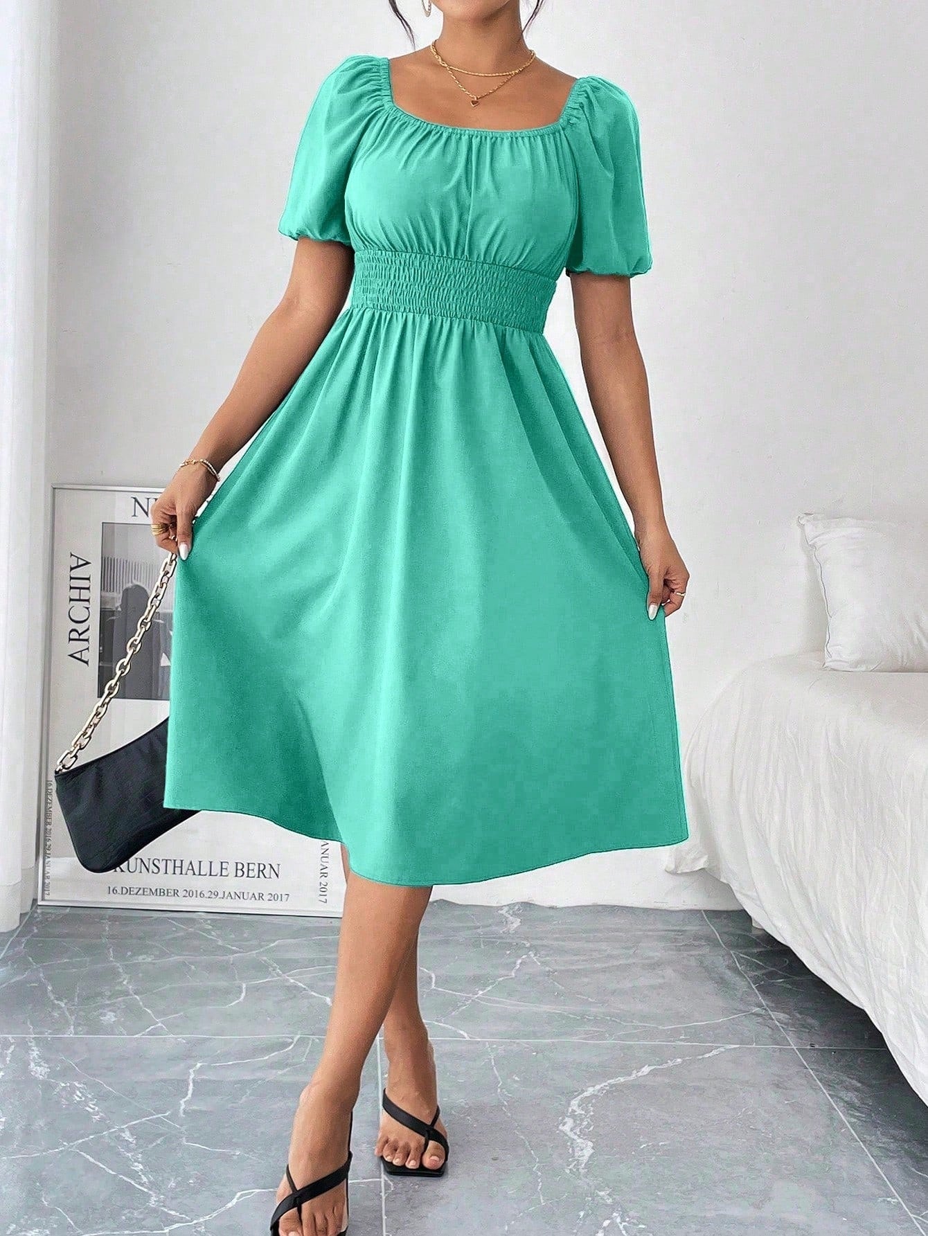 Chiquease 1pc Women Square Collar Puff Sleeve Cinched Waist Palazzo Green Dress, Spring/Summer