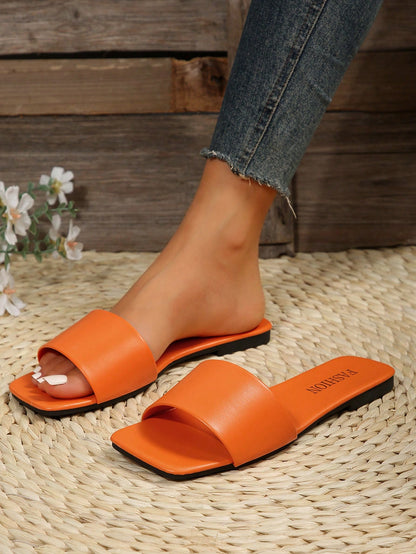 Women's Leather Flat Slide Sandals, Black Lightweight Soft Bottom Low Heel Slip-On Mule Sandals For Summer Casual Wear