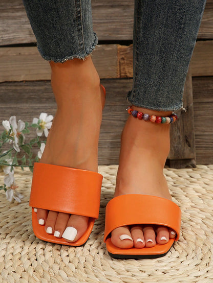 Women's Leather Flat Slide Sandals, Black Lightweight Soft Bottom Low Heel Slip-On Mule Sandals For Summer Casual Wear