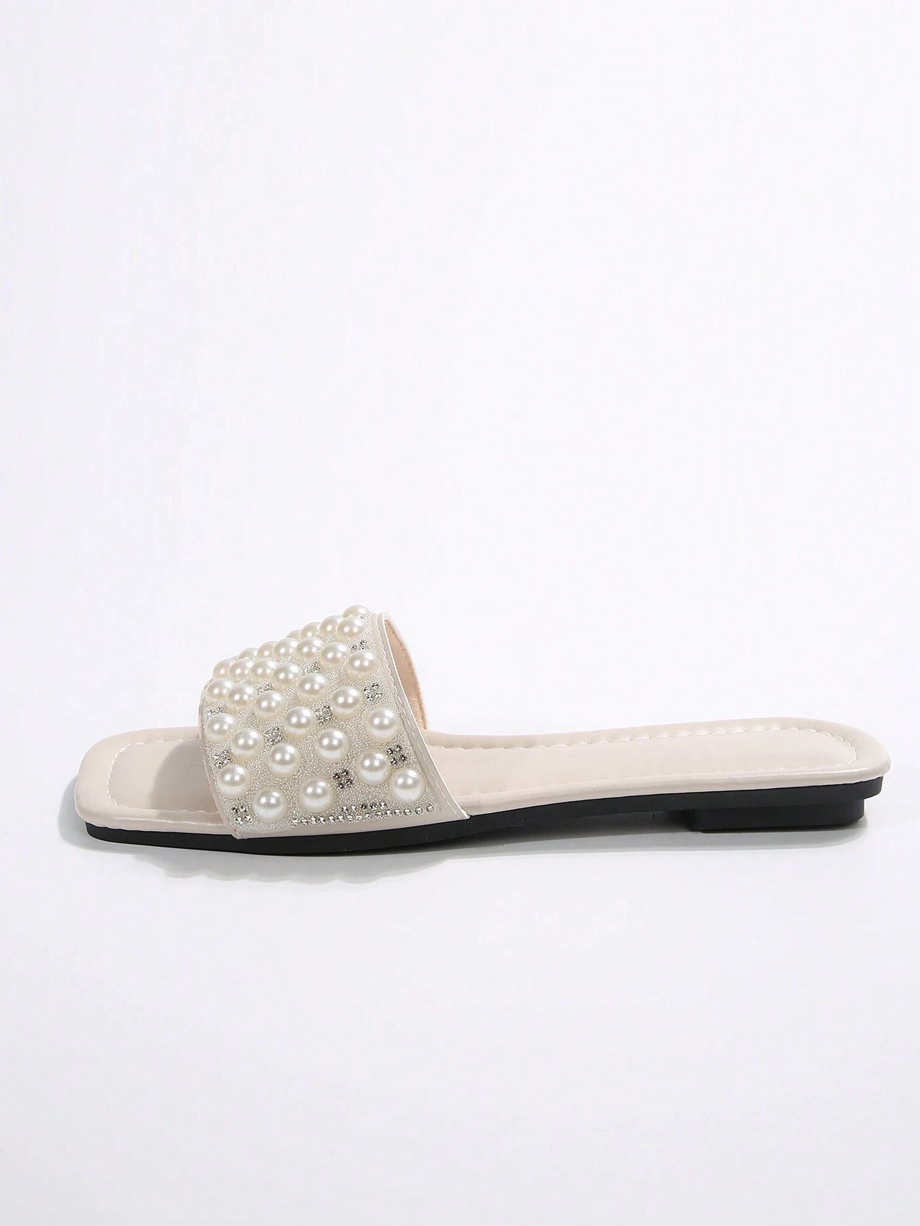 New Plus Size Luxury Anti-Slip Square Toe Mule Rhinestone & Pearl Embellished Fashion Versatile Women Beach Vacation Sandals
