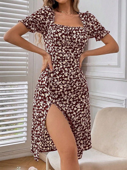 Women's Random Printed Simple Daily Short-Sleeved Square Neck Dress Vacation Beach Outfit