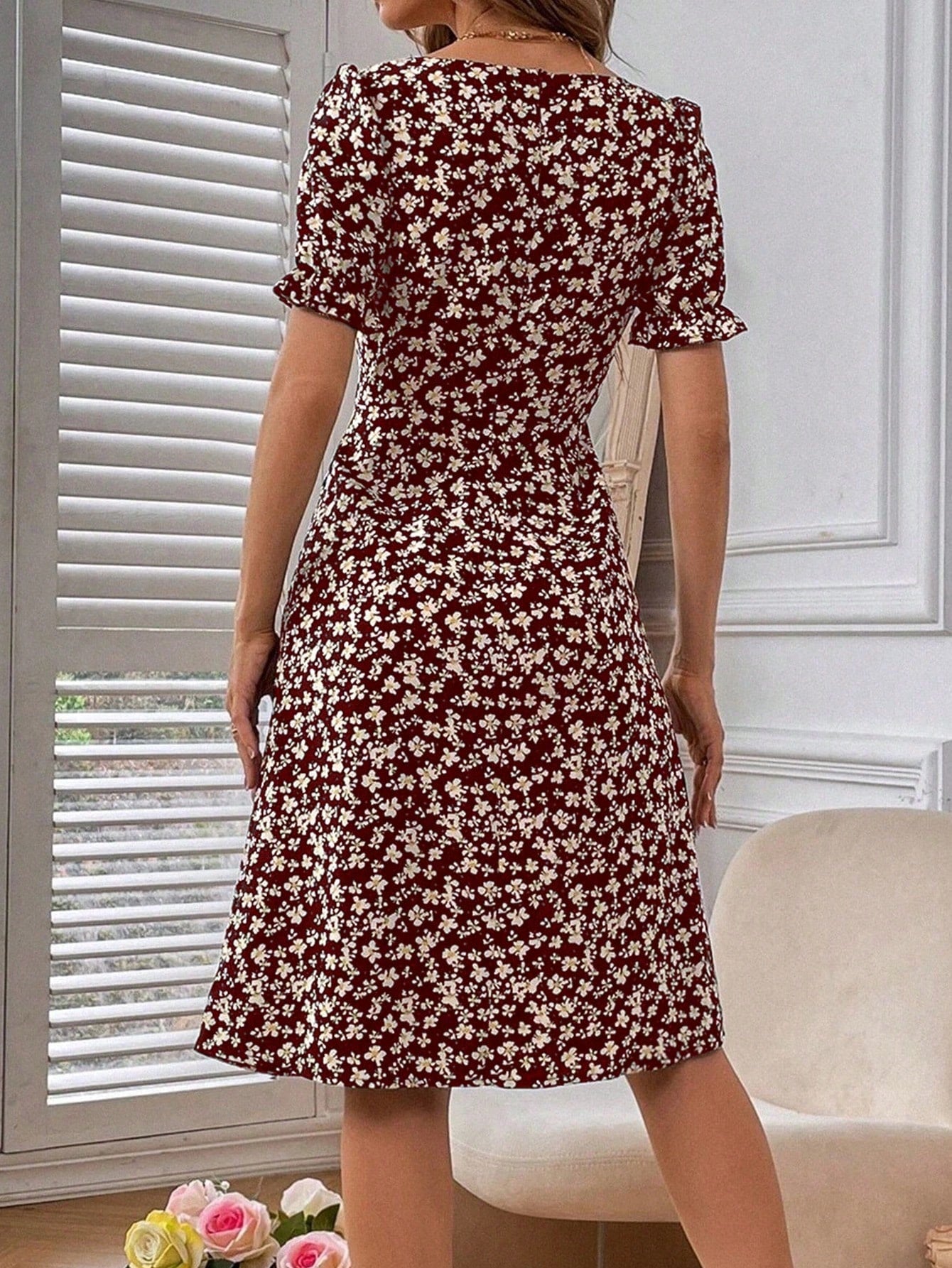 Breezaya Women's Random Printed Simple Daily Short-Sleeved Square Neck Dress Vacation Beach Outfit