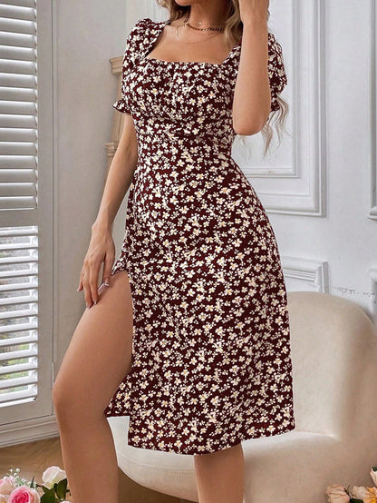 Breezaya Women's Random Printed Simple Daily Short-Sleeved Square Neck Dress Vacation Beach Outfit