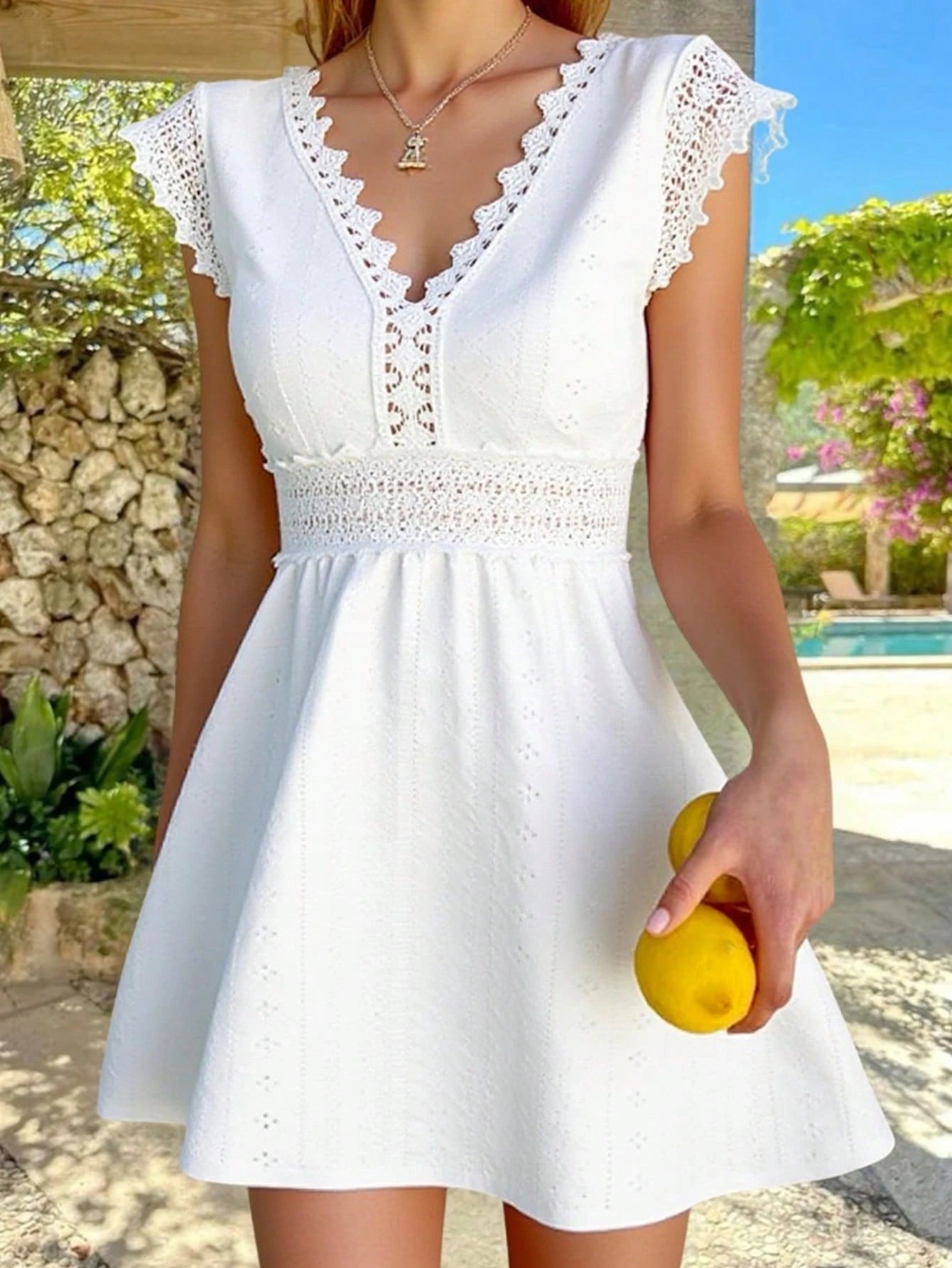 SHEIN Frenchy Women Simple Solid Color Hollow Out Jagged Edge Short Sleeve Casual Dress,Summer Dresses For Women