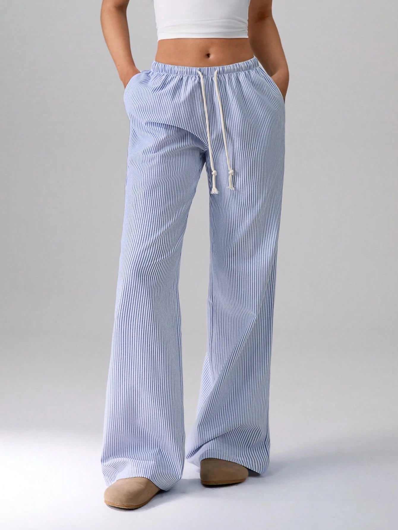 Flirla Pink Cotton Drawstring Waist Straight Leg Pants, Fashion Casual Home Wear For Women, Spring Fall Cloth For Women