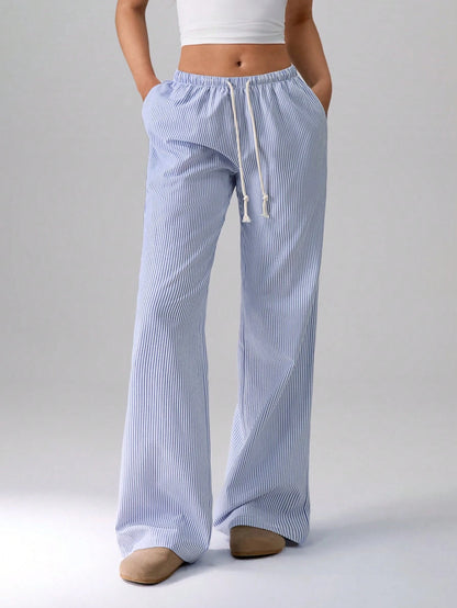 Flirla Pink Cotton Drawstring Waist Straight Leg Pants, Fashion Casual Home Wear For Women, Spring Fall Cloth For Women