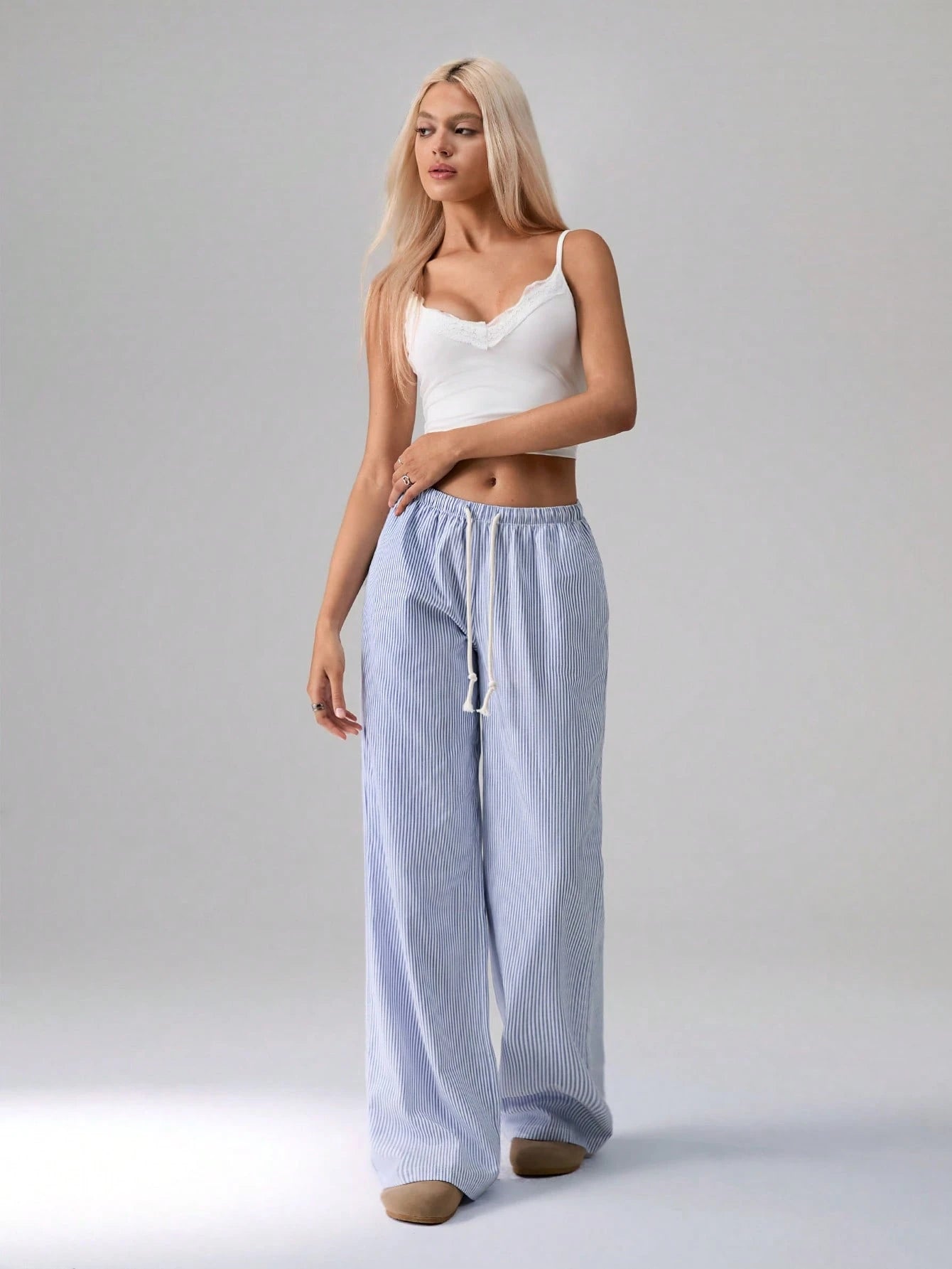 Flirla Pink Cotton Drawstring Waist Straight Leg Pants, Fashion Casual Home Wear For Women, Spring Fall Cloth For Women