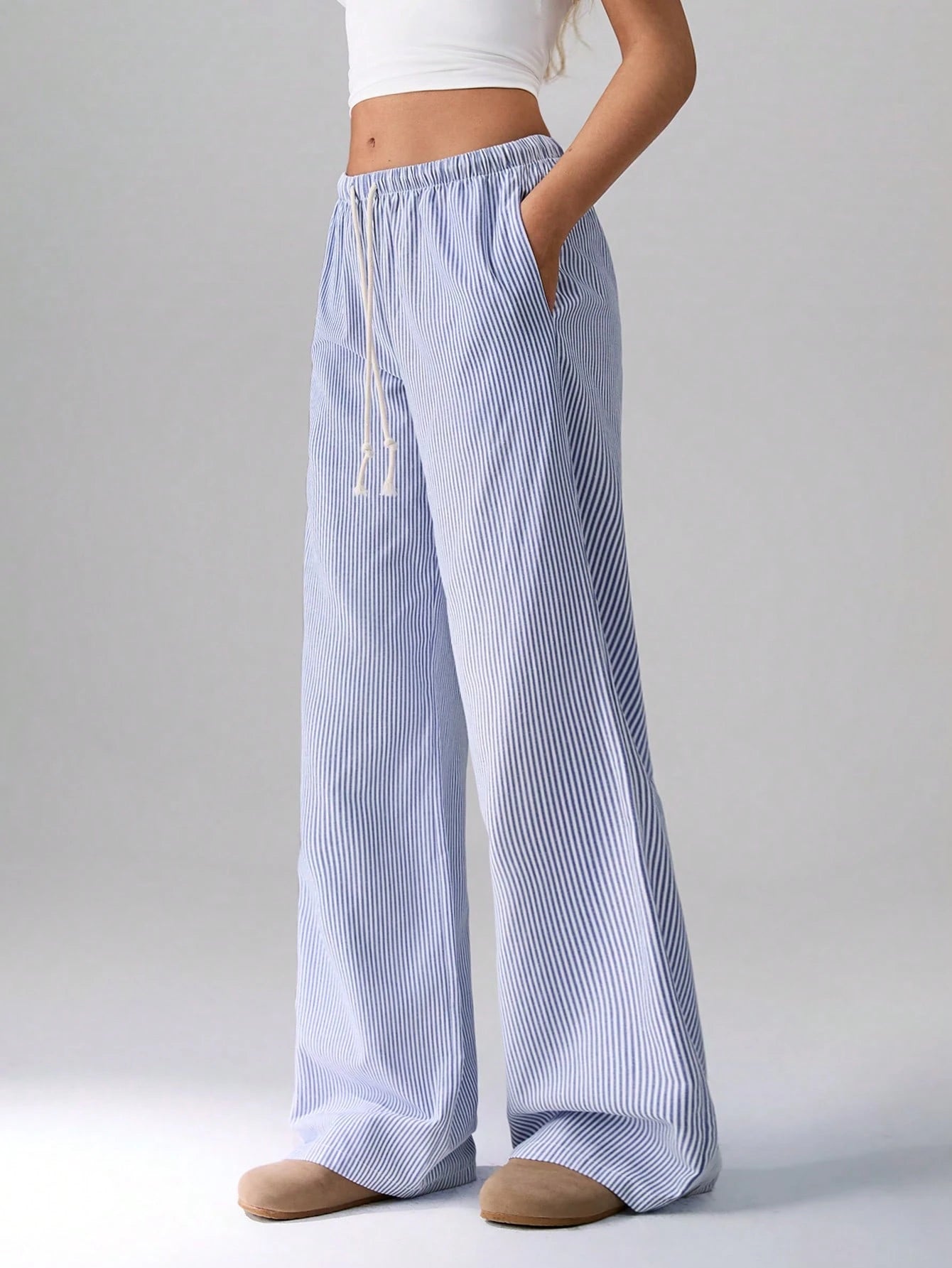 Flirla Pink Cotton Drawstring Waist Straight Leg Pants, Fashion Casual Home Wear For Women, Spring Fall Cloth For Women